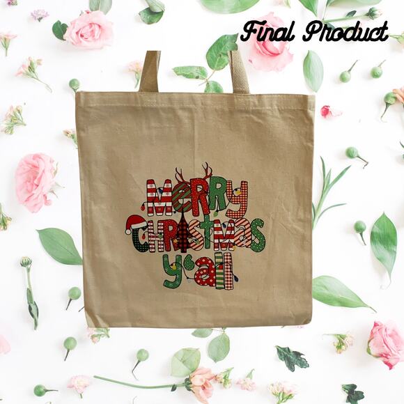 Fashion Graphic Print Merry Christmas Y'all Design Trendy Canvas Tote Bag - Picture 2 of 4